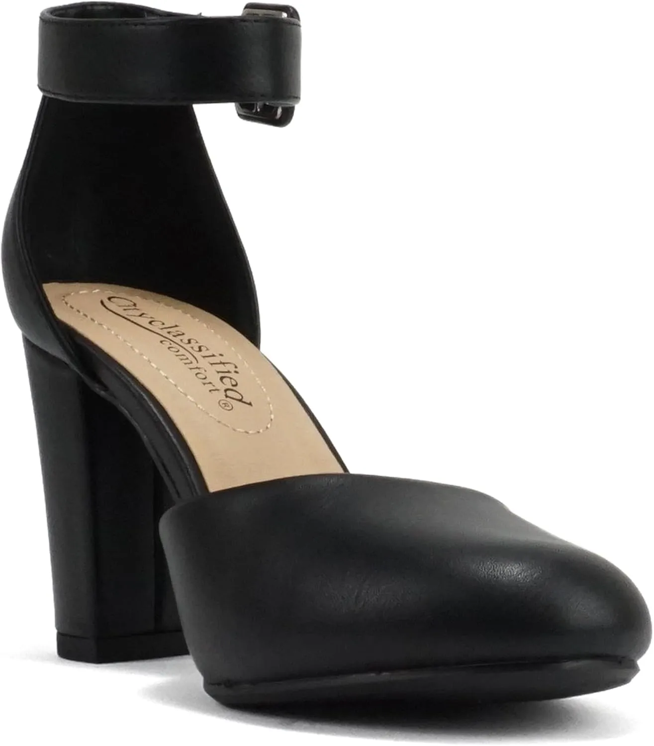CITYCLASSIFIED “Kelly” ~ Women Comfort Foam Closed Toe Closed Back Counter High Block Heel Pump with Adjustable Ankle Strap