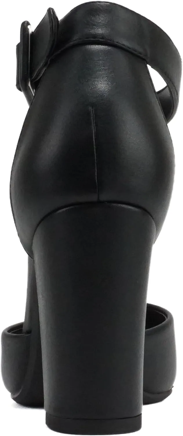 CITYCLASSIFIED “Kelly” ~ Women Comfort Foam Closed Toe Closed Back Counter High Block Heel Pump with Adjustable Ankle Strap