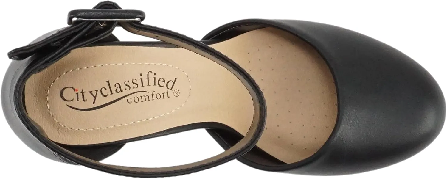 CITYCLASSIFIED “Kelly” ~ Women Comfort Foam Closed Toe Closed Back Counter High Block Heel Pump with Adjustable Ankle Strap