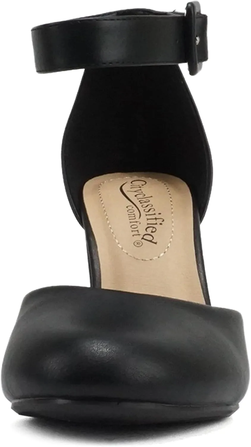 CITYCLASSIFIED “Kelly” ~ Women Comfort Foam Closed Toe Closed Back Counter High Block Heel Pump with Adjustable Ankle Strap