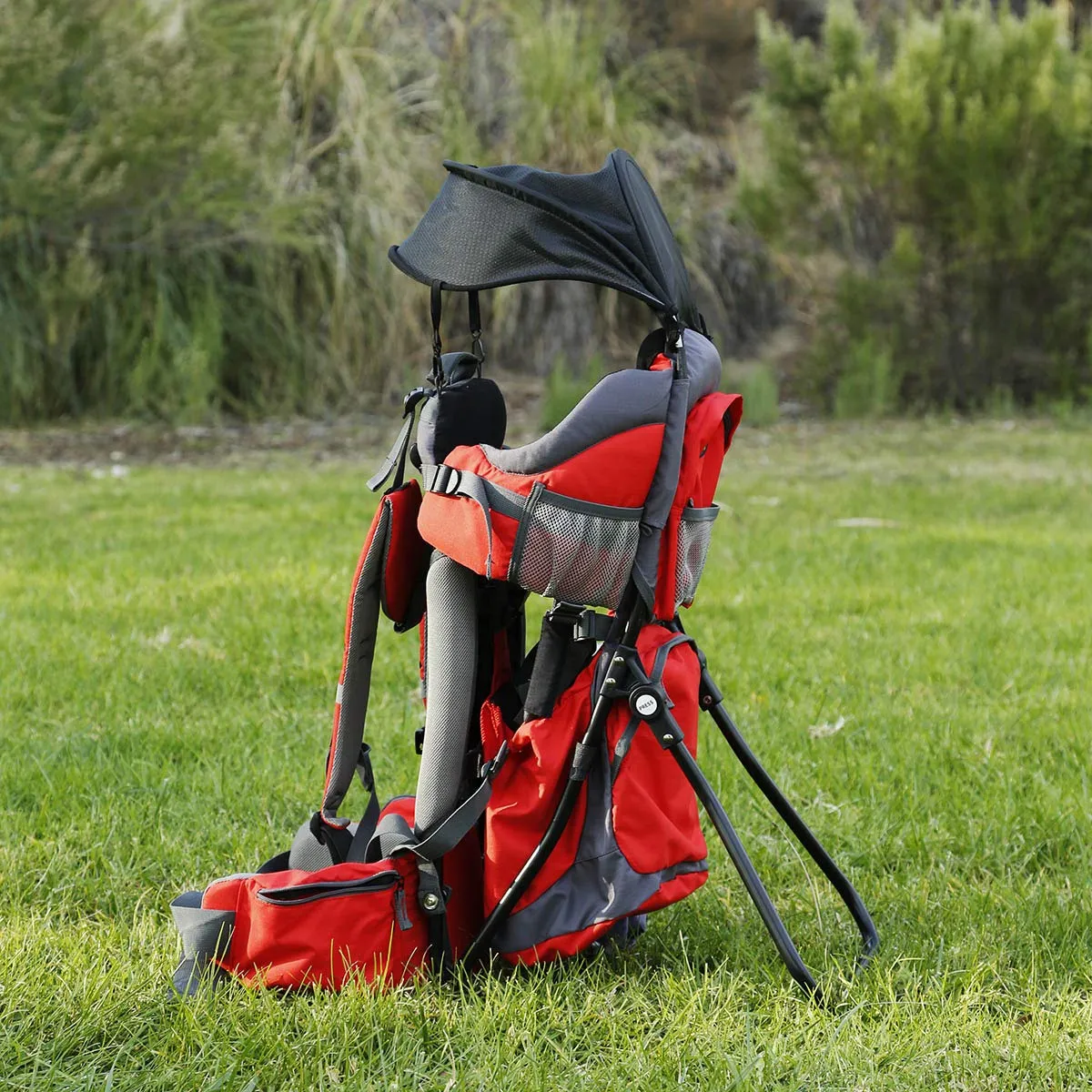 ClevrPlus Canyonero Camping Baby Backpack Hiking Kid Toddler Child Carrier with Stand and Sun Shade Visor, Red