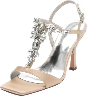 Cocktail Party Evening High Heel Stilettos Wedding Rhinestones Sandals T-Strap Crystal Prom Open Toe Satin Pumps for Women 9.5Cm