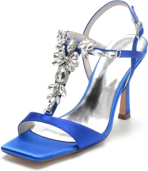 Cocktail Party Evening High Heel Stilettos Wedding Rhinestones Sandals T-Strap Crystal Prom Open Toe Satin Pumps for Women 9.5Cm
