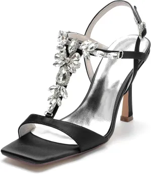 Cocktail Party Evening High Heel Stilettos Wedding Rhinestones Sandals T-Strap Crystal Prom Open Toe Satin Pumps for Women 9.5Cm