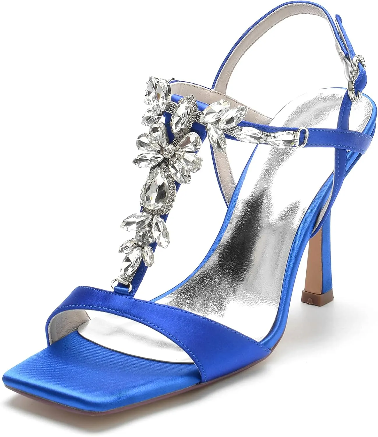 Cocktail Party Evening High Heel Stilettos Wedding Rhinestones Sandals T-Strap Crystal Prom Open Toe Satin Pumps for Women 9.5Cm