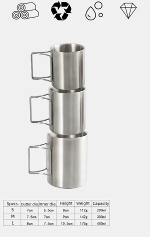 Coffee Cup 400ML Outdoor Camping Stainless Steel Double-layer Water Cup Portable Hiking Cup Mug(2PCS)