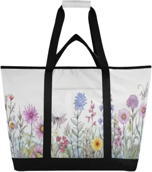 Colorful Flowers Reusable Insulated Lunchbox Cooler Bag, Leakproof Kitchen Grocery Bag Collapsible Portable Cooler Tote Bag for Picnic, Camping, Office, Travel