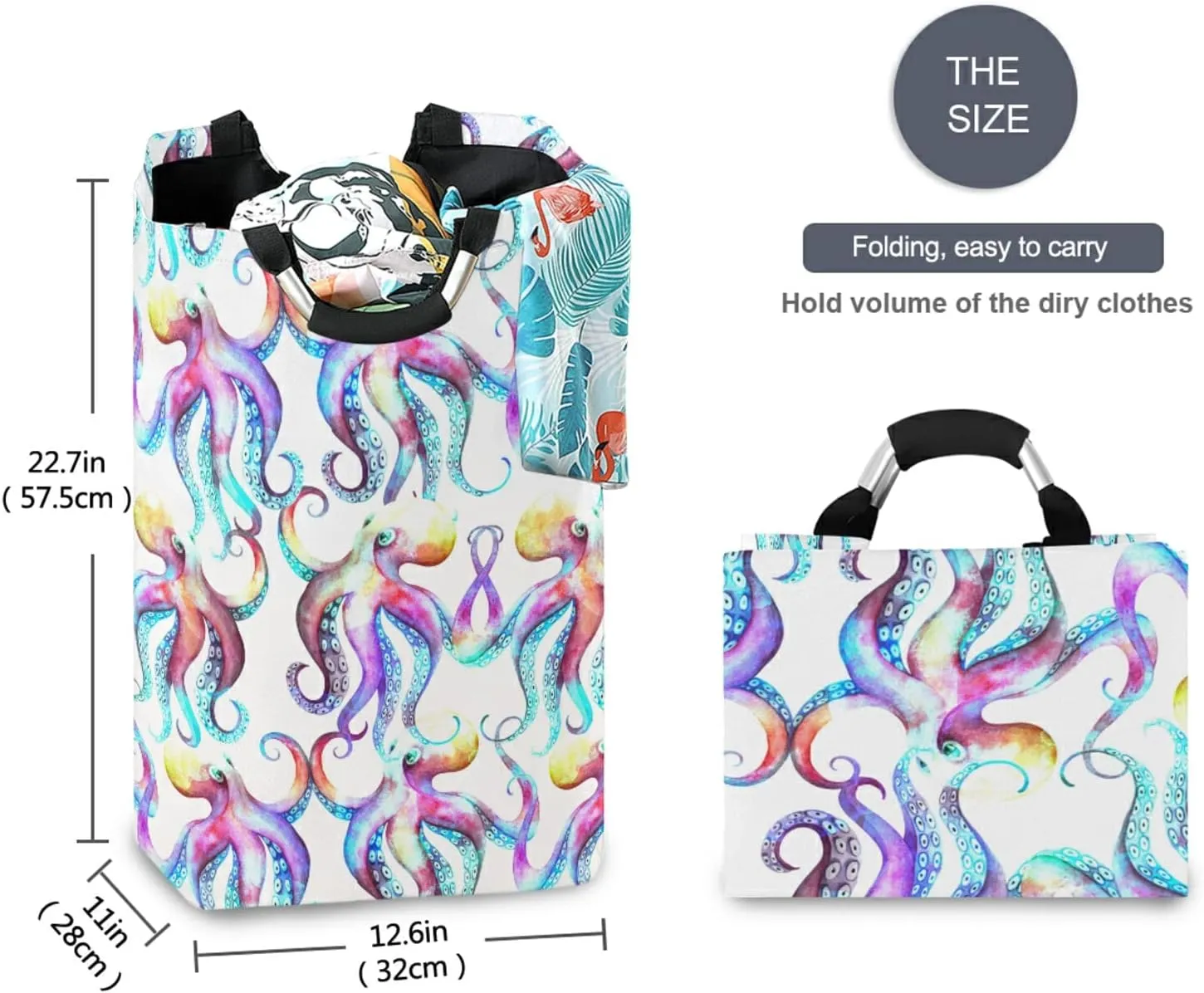 Colorful Watercolor Dancing Octopus Kraken with Tentacles on White Laundry Hamper Basket Bucket, Foldable Dirty Clothes Bag, Waterproof Fabric Washing Bin, Toy Storage with Handles for Bathroom