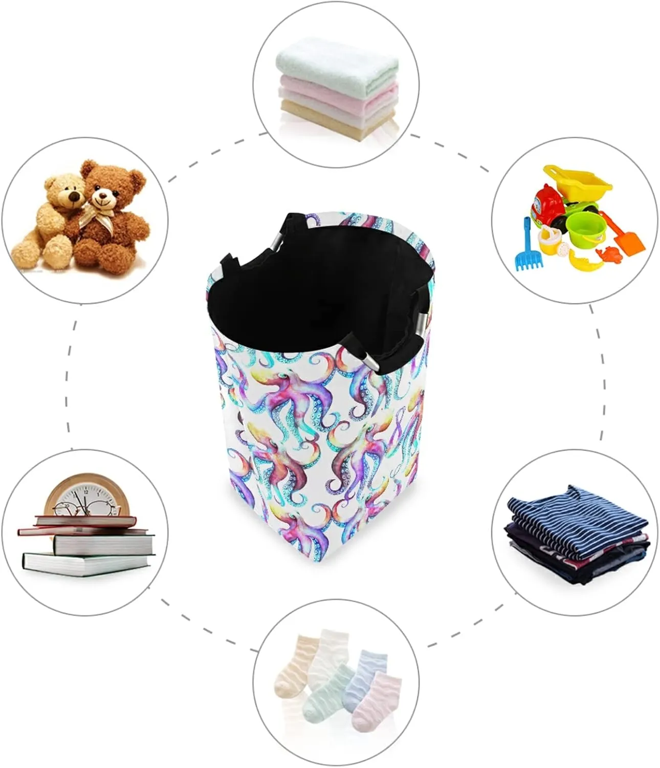 Colorful Watercolor Dancing Octopus Kraken with Tentacles on White Laundry Hamper Basket Bucket, Foldable Dirty Clothes Bag, Waterproof Fabric Washing Bin, Toy Storage with Handles for Bathroom