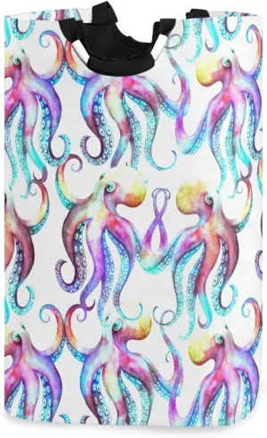 Colorful Watercolor Dancing Octopus Kraken with Tentacles on White Laundry Hamper Basket Bucket, Foldable Dirty Clothes Bag, Waterproof Fabric Washing Bin, Toy Storage with Handles for Bathroom