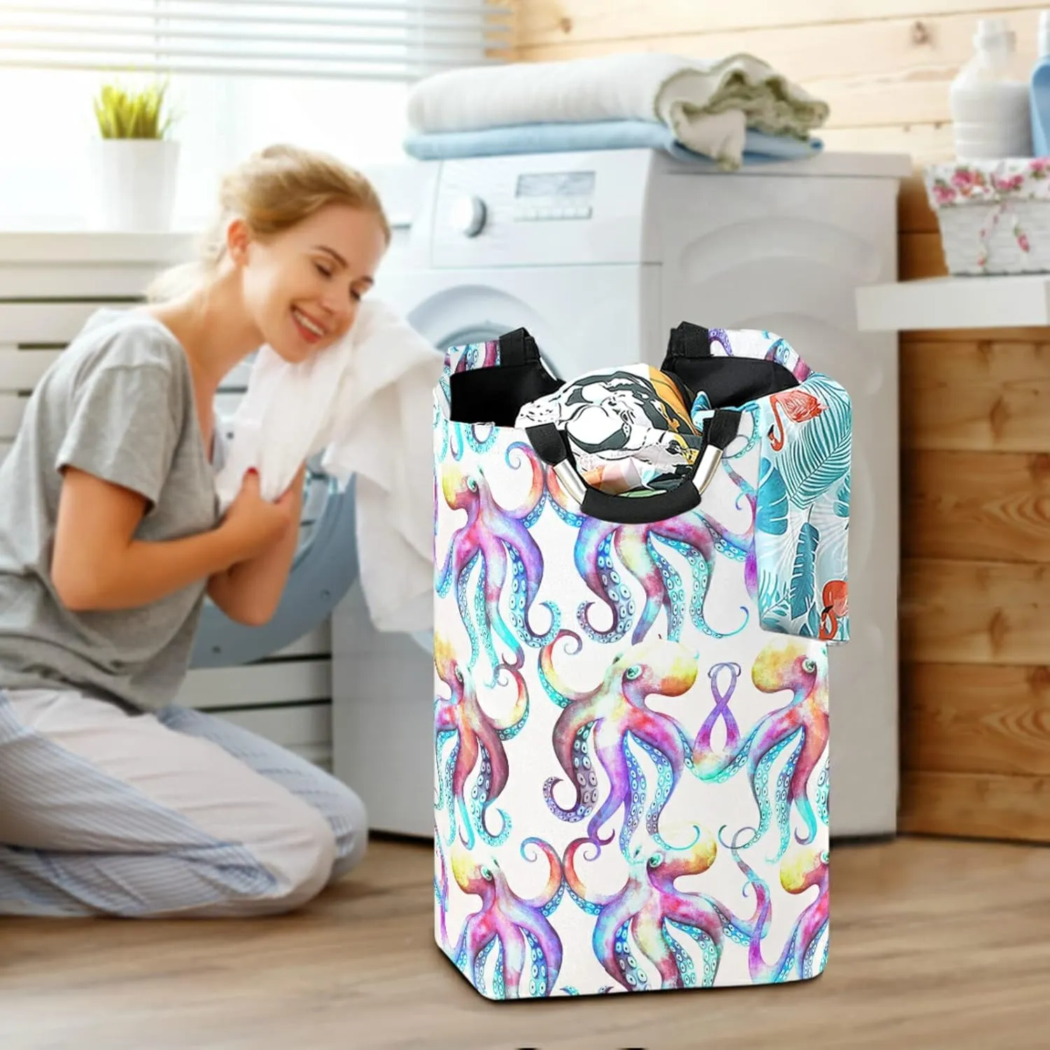 Colorful Watercolor Dancing Octopus Kraken with Tentacles on White Laundry Hamper Basket Bucket, Foldable Dirty Clothes Bag, Waterproof Fabric Washing Bin, Toy Storage with Handles for Bathroom