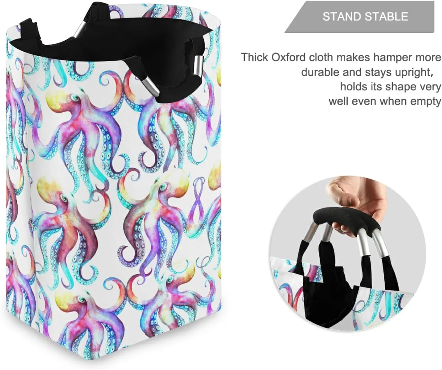 Colorful Watercolor Dancing Octopus Kraken with Tentacles on White Laundry Hamper Basket Bucket, Foldable Dirty Clothes Bag, Waterproof Fabric Washing Bin, Toy Storage with Handles for Bathroom
