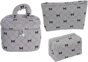 Cosmetic Bag Set with Bow Pattern, 3 Pieces Travel Makeup Organizer, Portable Large Capacity Mekeup Bag (Grey)