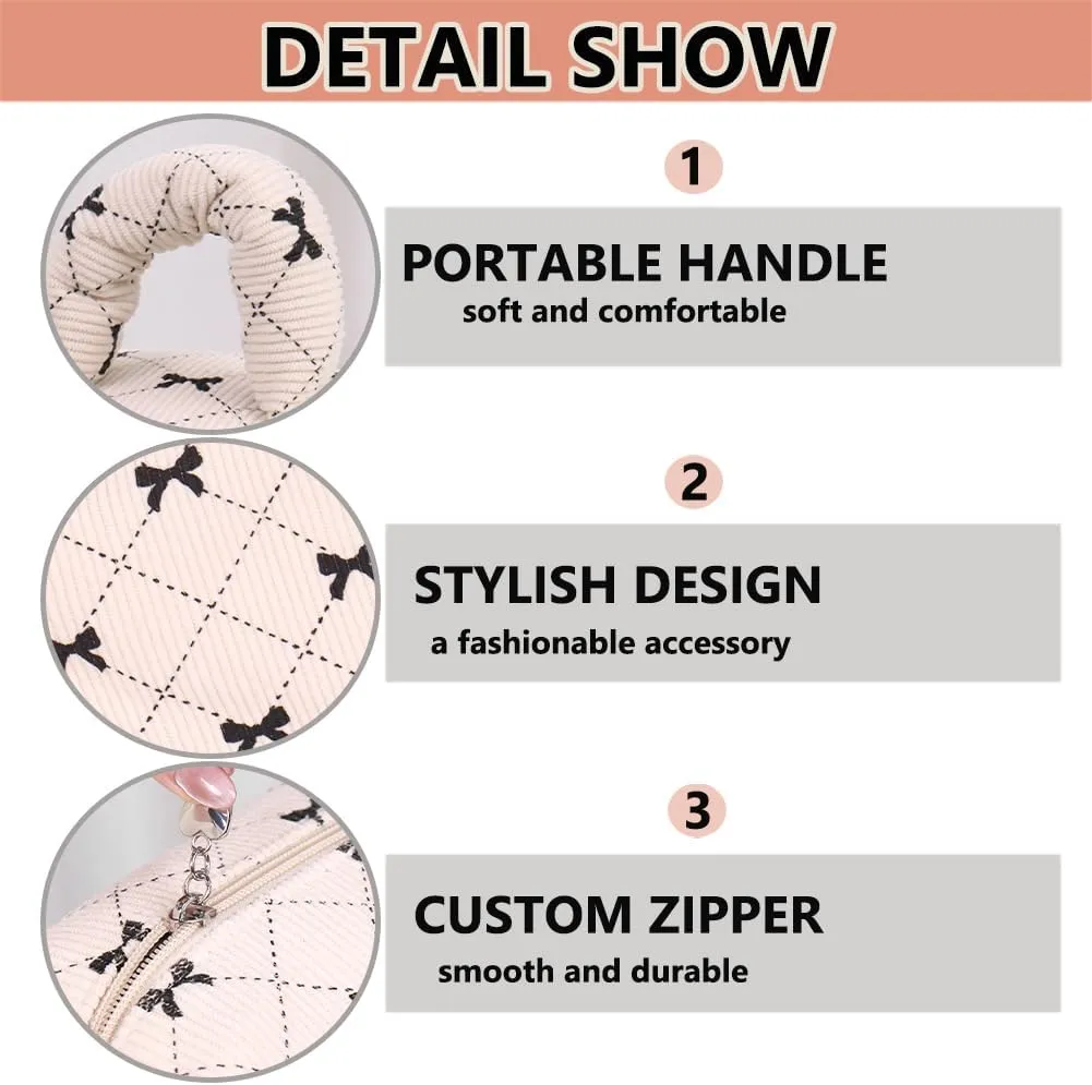 Cosmetic Bag Set with Bow Pattern, 3 Pieces Travel Makeup Organizer, Portable Large Capacity Mekeup Bag (Grey)