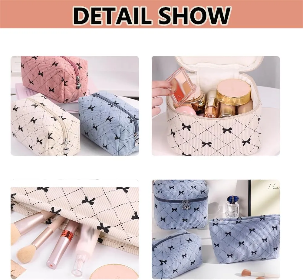 Cosmetic Bag Set with Bow Pattern, 3 Pieces Travel Makeup Organizer, Portable Large Capacity Mekeup Bag (Grey)