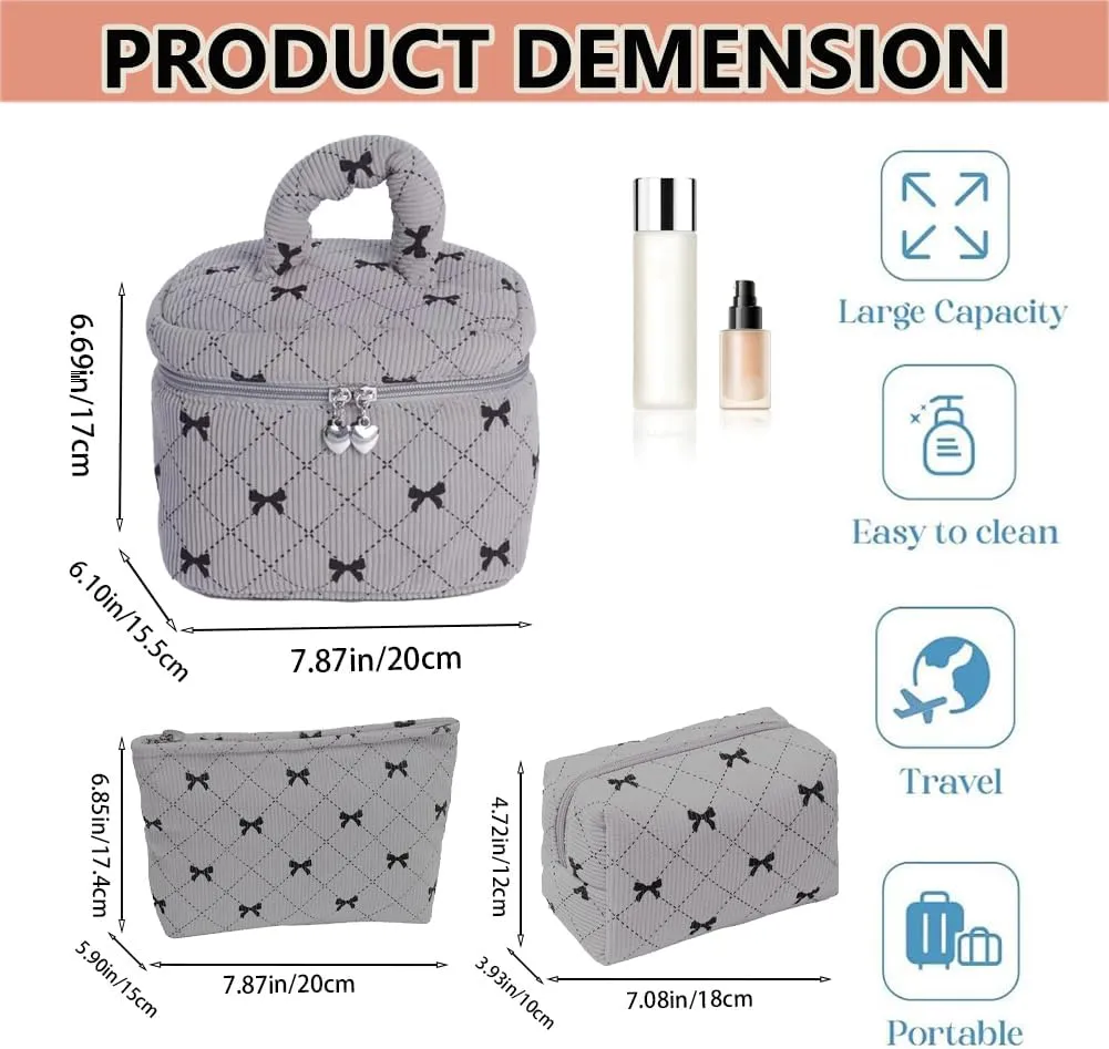 Cosmetic Bag Set with Bow Pattern, 3 Pieces Travel Makeup Organizer, Portable Large Capacity Mekeup Bag (Grey)