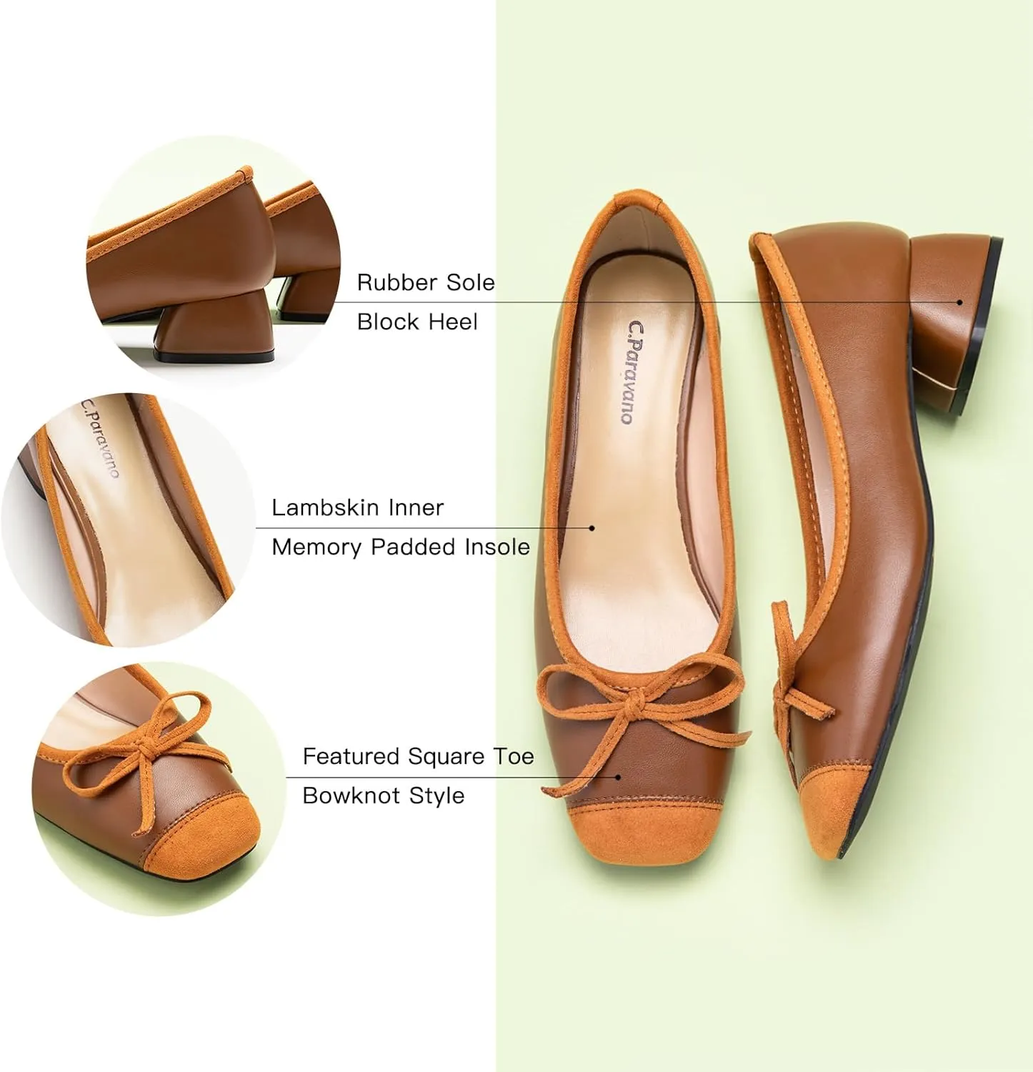 C.Paravano Women's Pump | Square Toe Low Block Heels | Closed Toe Chunky Heels | Leather Low Heel Pumps | Dress Wedding Shoes