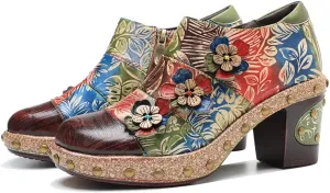 CrazycatZ Leather Pumps,Womens Colorful Vintage Block Heel Shoes