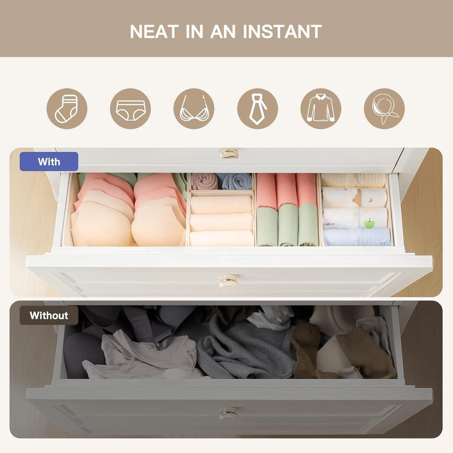 Criusia Drawer Organizer Clothes, 10 Pack Dresser Organizer for Baby Clothes, Underwear, Sock- Foldable Closet Organization and Storage Dividers Bins for Nursery, Bedroom (Beige)