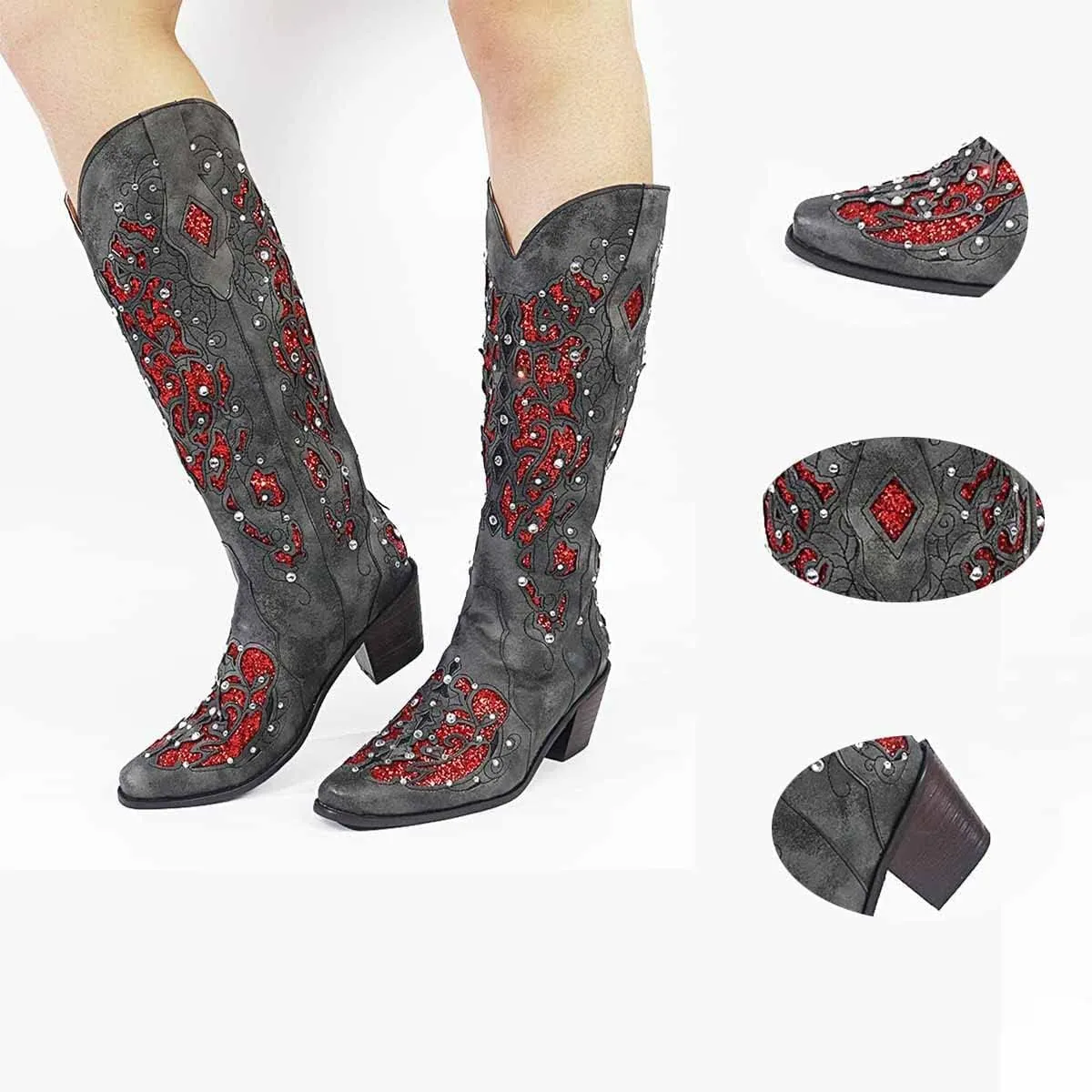 Cubicbee Women's Glitter Inlay Rhinestones Cowgirl Cowboy Boots Anti Slip Mid Calf Boots Fashion Work Western Boots