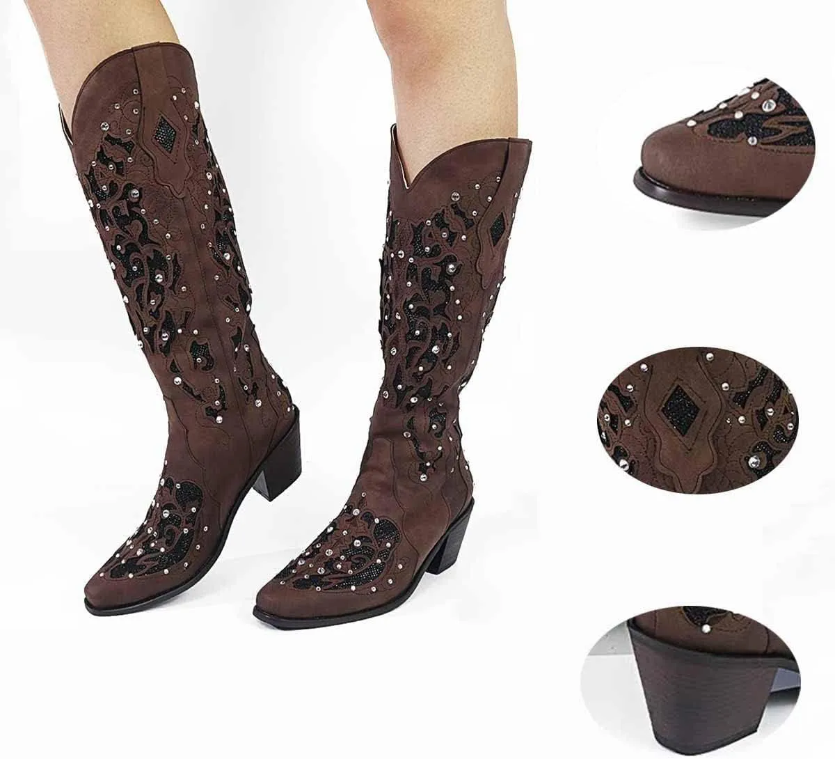 Cubicbee Women's Glitter Inlay Rhinestones Cowgirl Cowboy Boots Anti Slip Mid Calf Boots Fashion Work Western Boots