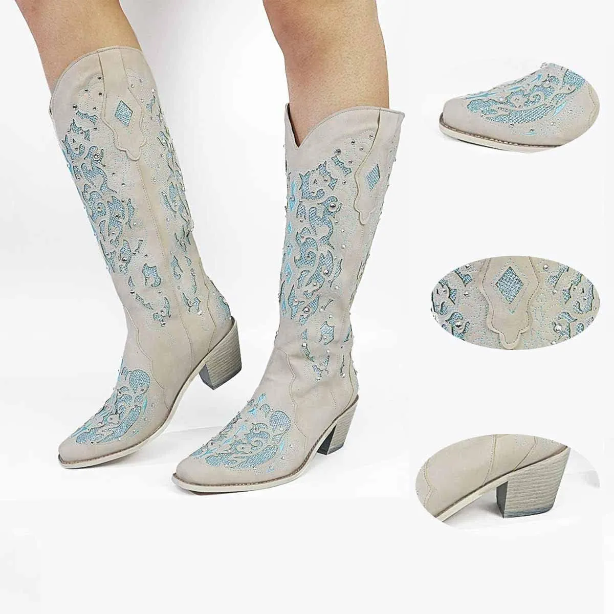 Cubicbee Women's Glitter Inlay Rhinestones Cowgirl Cowboy Boots Anti Slip Mid Calf Boots Fashion Work Western Boots