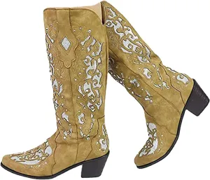 Cubicbee Women's Glitter Inlay Rhinestones Cowgirl Cowboy Boots Anti Slip Mid Calf Boots Fashion Work Western Boots