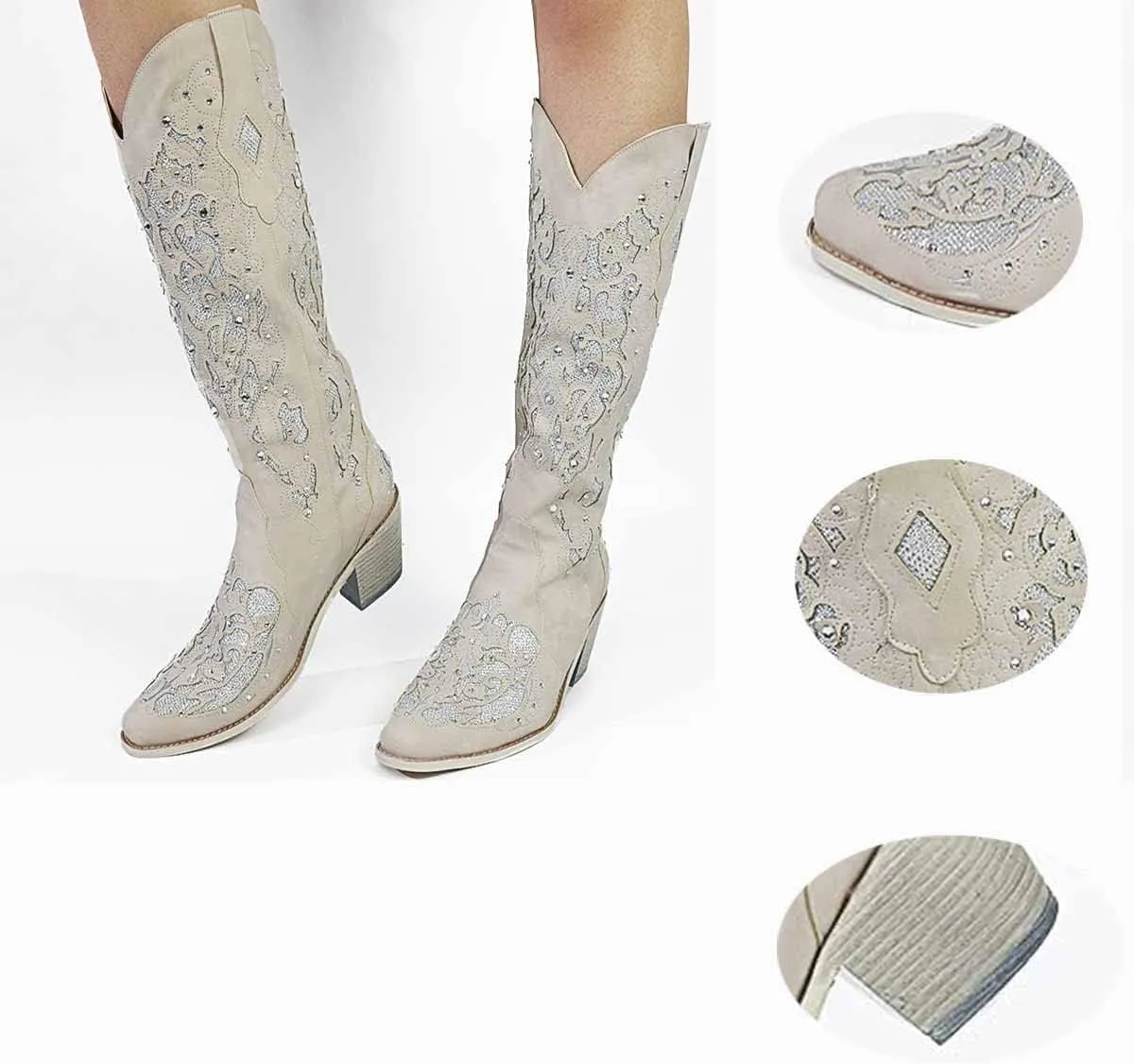 Cubicbee Women's Glitter Inlay Rhinestones Cowgirl Cowboy Boots Anti Slip Mid Calf Boots Fashion Work Western Boots