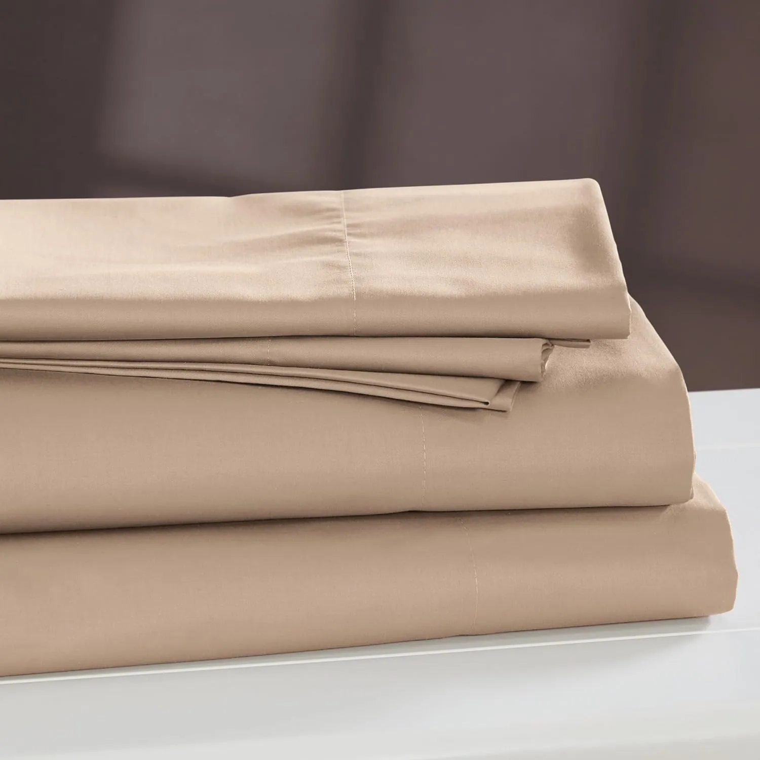 Cuddledown Dreamstead 100% Cotton Bed Sheets Set | 300 Thread Count | Luxurious Sateen Weave | Pure Combed Cotton | Soft | Wrinkle Resistant | 4 Piece Set | Khaki | King | 78” x 80”