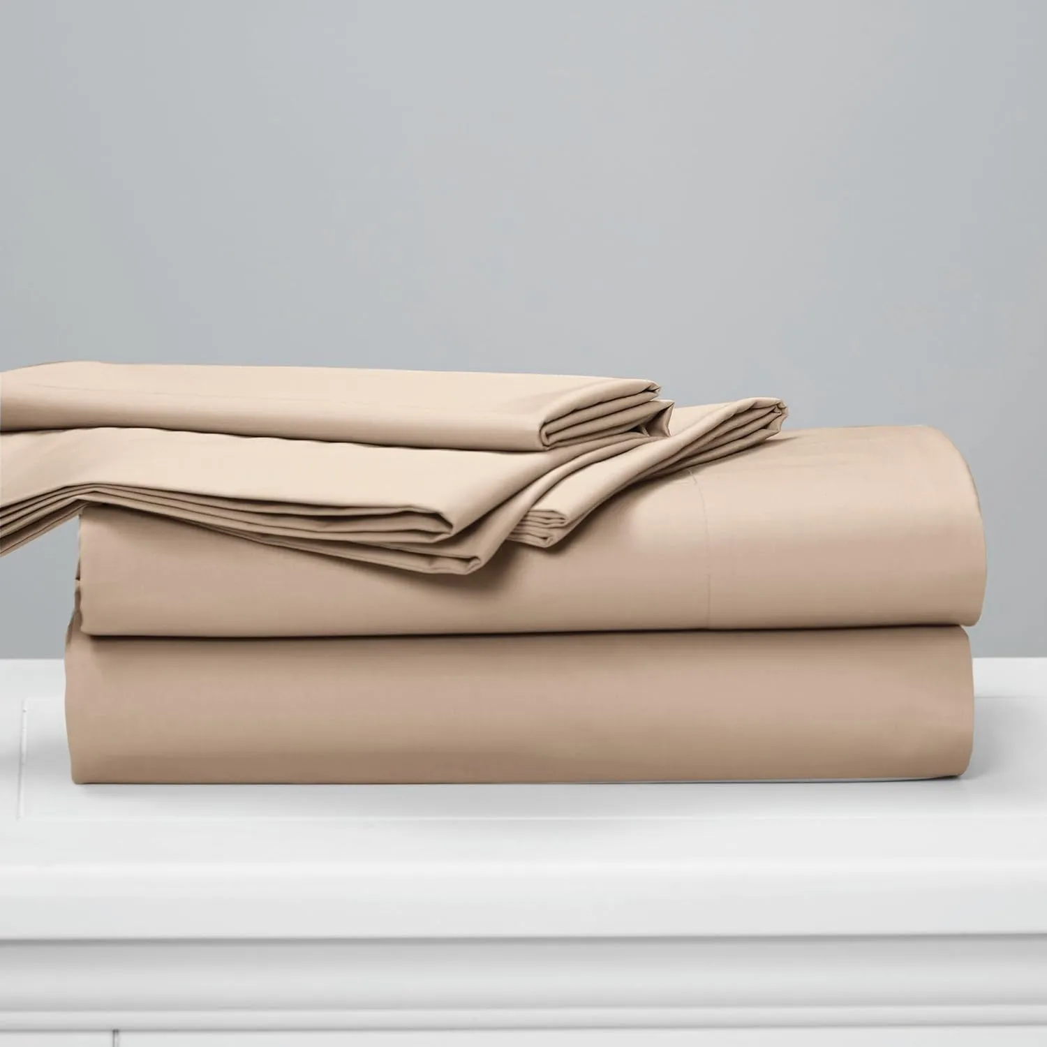 Cuddledown Dreamstead 100% Cotton Bed Sheets Set | 300 Thread Count | Luxurious Sateen Weave | Pure Combed Cotton | Soft | Wrinkle Resistant | 4 Piece Set | Khaki | King | 78” x 80”