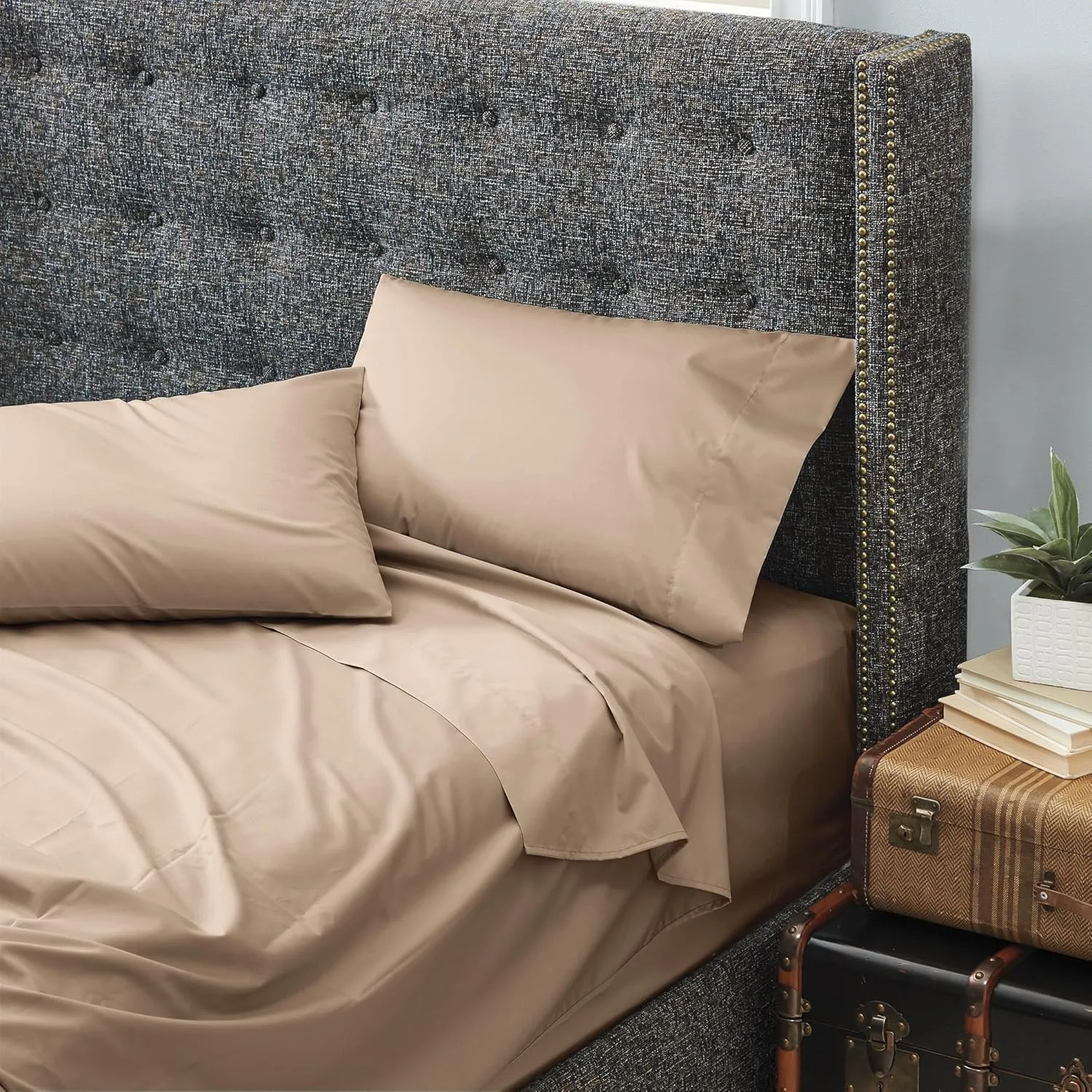 Cuddledown Dreamstead 100% Cotton Bed Sheets Set | 300 Thread Count | Luxurious Sateen Weave | Pure Combed Cotton | Soft | Wrinkle Resistant | 4 Piece Set | Khaki | King | 78” x 80”