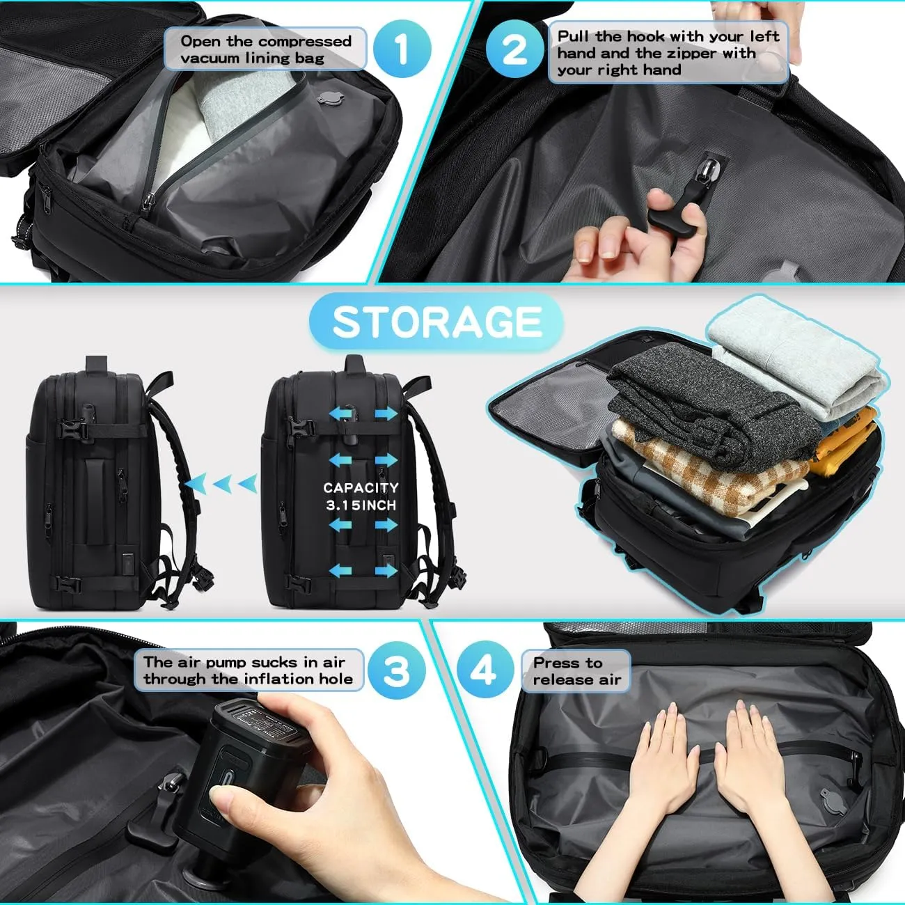 Cusangel compression Vacuum Backpack for Travel,Vacpack,Flight Approved Carry On Backpacks for International Travel,laptop Daypack 45L Expandable 60L Airback (No Vacuum pump)