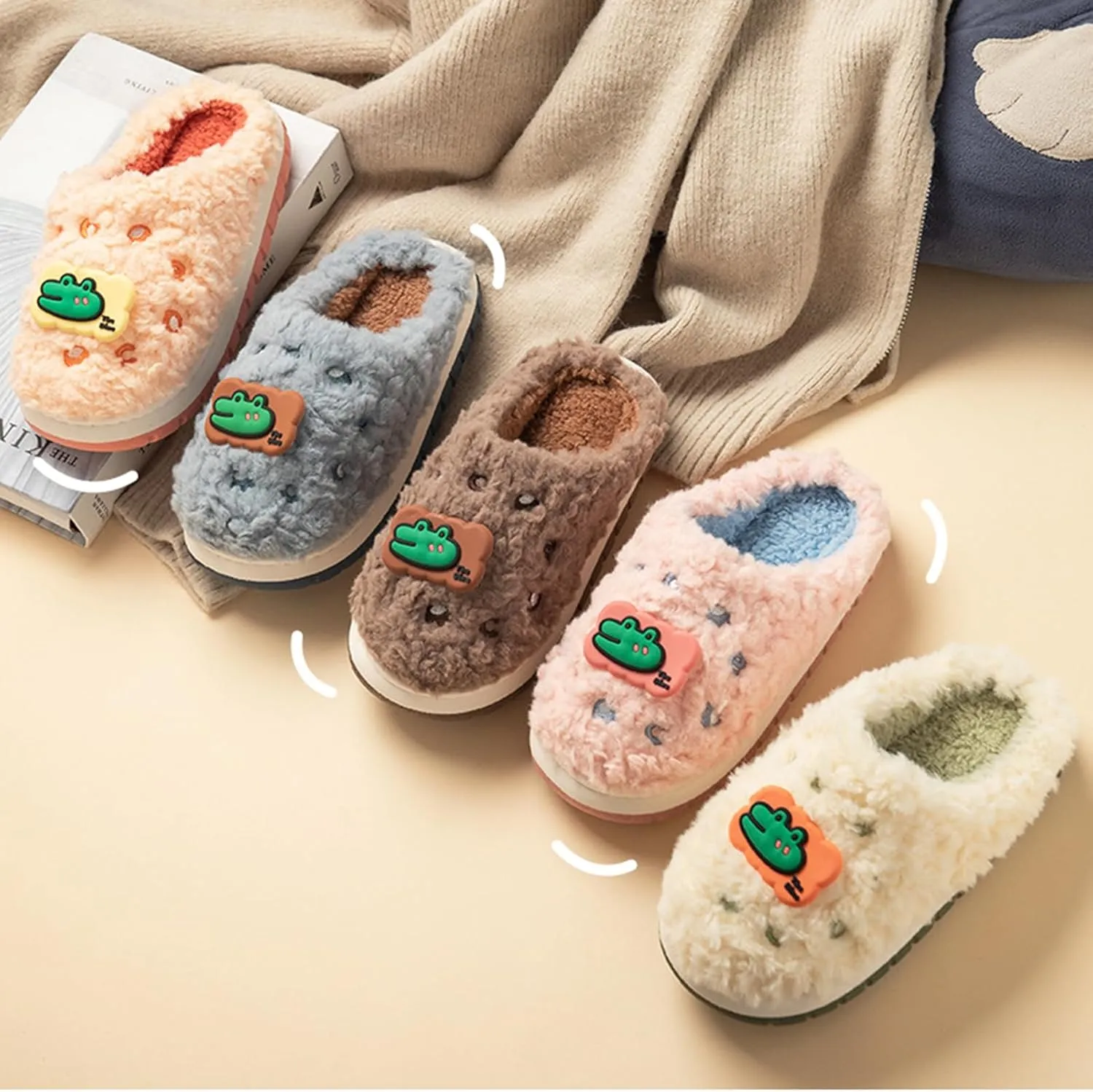 Cute Cartoon Crocodile Head Animal Slippers For Kids Comfortable Anti Slip Home Thick Sole Novelty Super Plush Soft Fleece Home Shoes