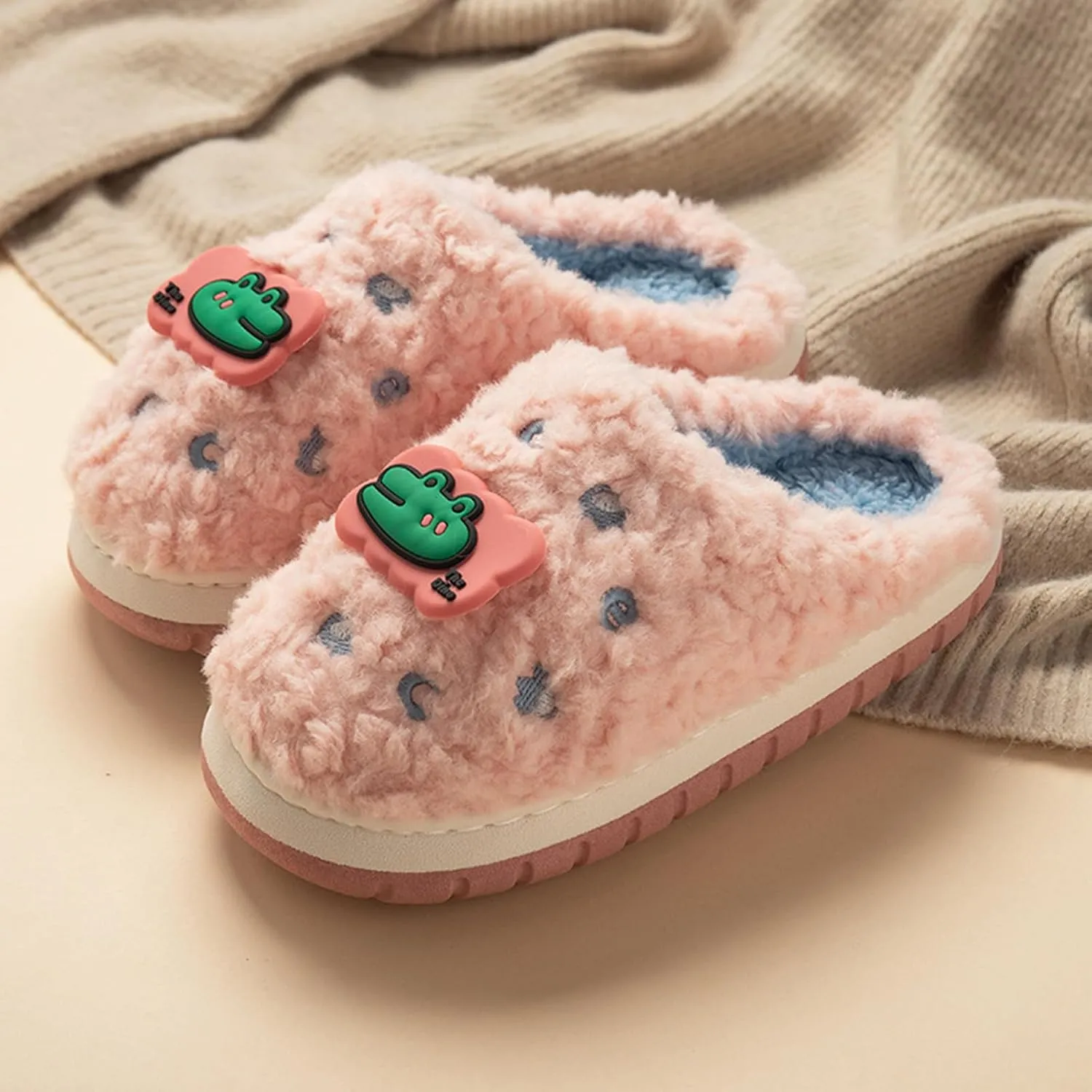 Cute Cartoon Crocodile Head Animal Slippers For Kids Comfortable Anti Slip Home Thick Sole Novelty Super Plush Soft Fleece Home Shoes