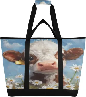 Cute Little Cow Reusable Insulated Lunchbox Cooler Bag, Leakproof Kitchen Grocery Bag Collapsible Portable Cooler Tote Bag for Picnic, Camping, Office, Travel