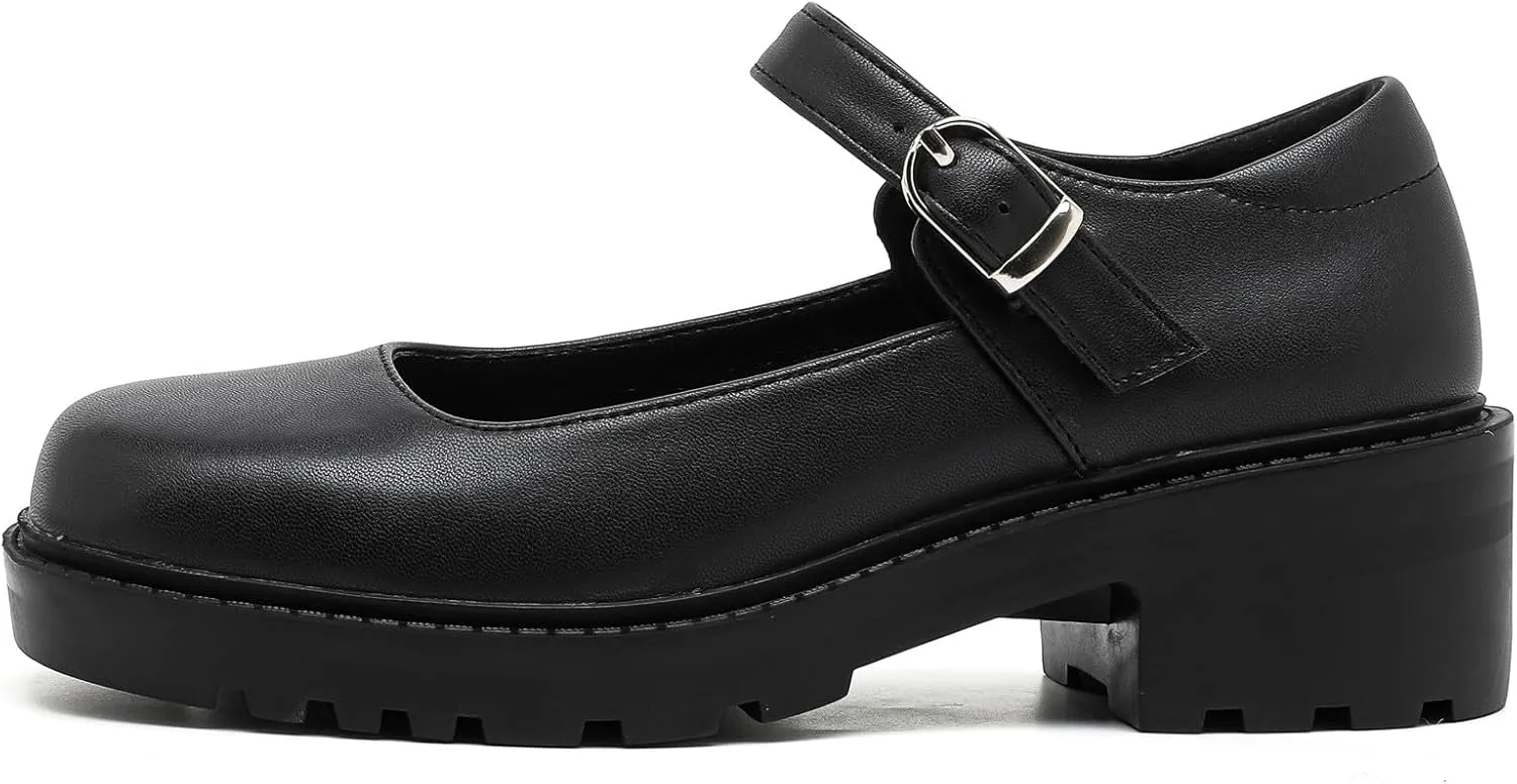 DADAWEN Women's Mary Jane Shoes Platform Oxford Shoes Leather Round Toe Chunky Heel Non-Slip Comfort Casual Dressy Girls School Work Shoes