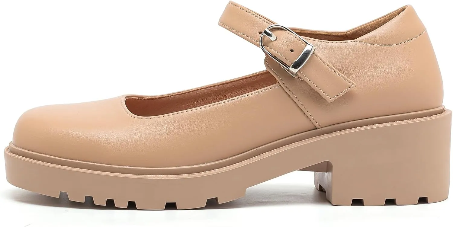DADAWEN Women's Mary Jane Shoes Platform Oxford Shoes Leather Round Toe Chunky Heel Non-Slip Comfort Casual Dressy Girls School Work Shoes