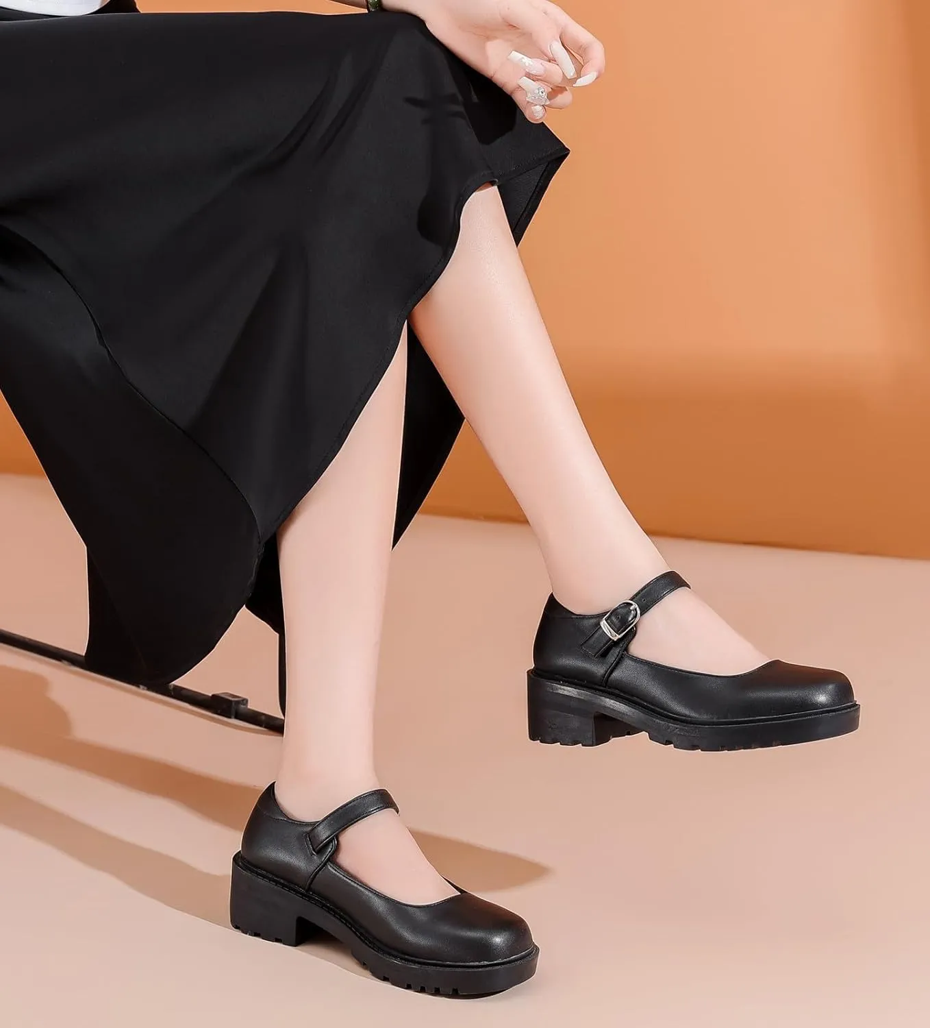 DADAWEN Women's Mary Jane Shoes Platform Oxford Shoes Leather Round Toe Chunky Heel Non-Slip Comfort Casual Dressy Girls School Work Shoes