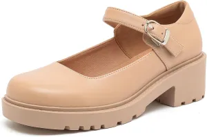DADAWEN Women's Mary Jane Shoes Platform Oxford Shoes Leather Round Toe Chunky Heel Non-Slip Comfort Casual Dressy Girls School Work Shoes