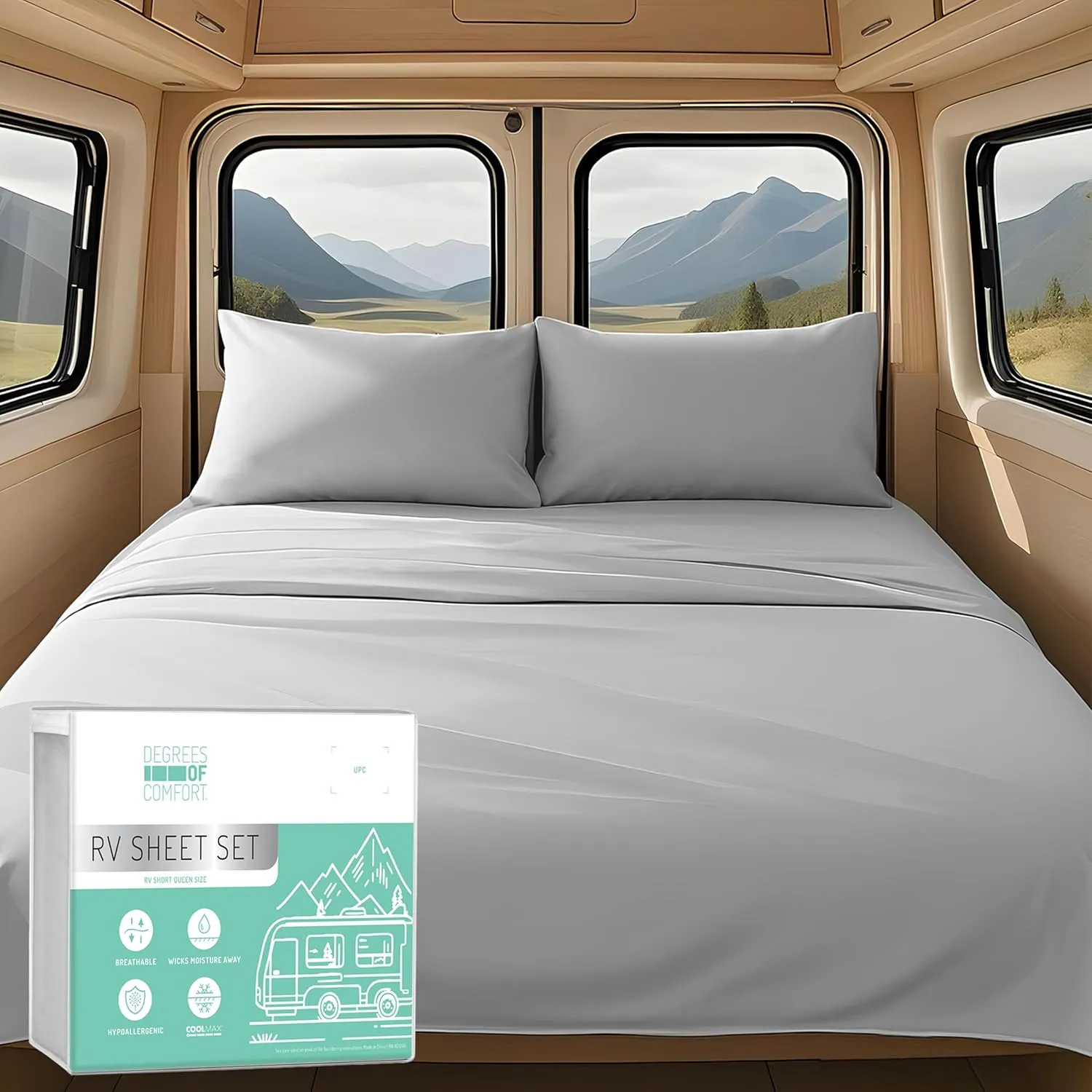 Degrees of Comfort RV Short Queen Sheet Set - 4 Piece Soft Bed Sheets, Easy Fit up to 13", Breathable and Wrinkle-Free, for Camper & Travel Trailer, Machine Washable, Oeko-TEX Certified, Light Grey