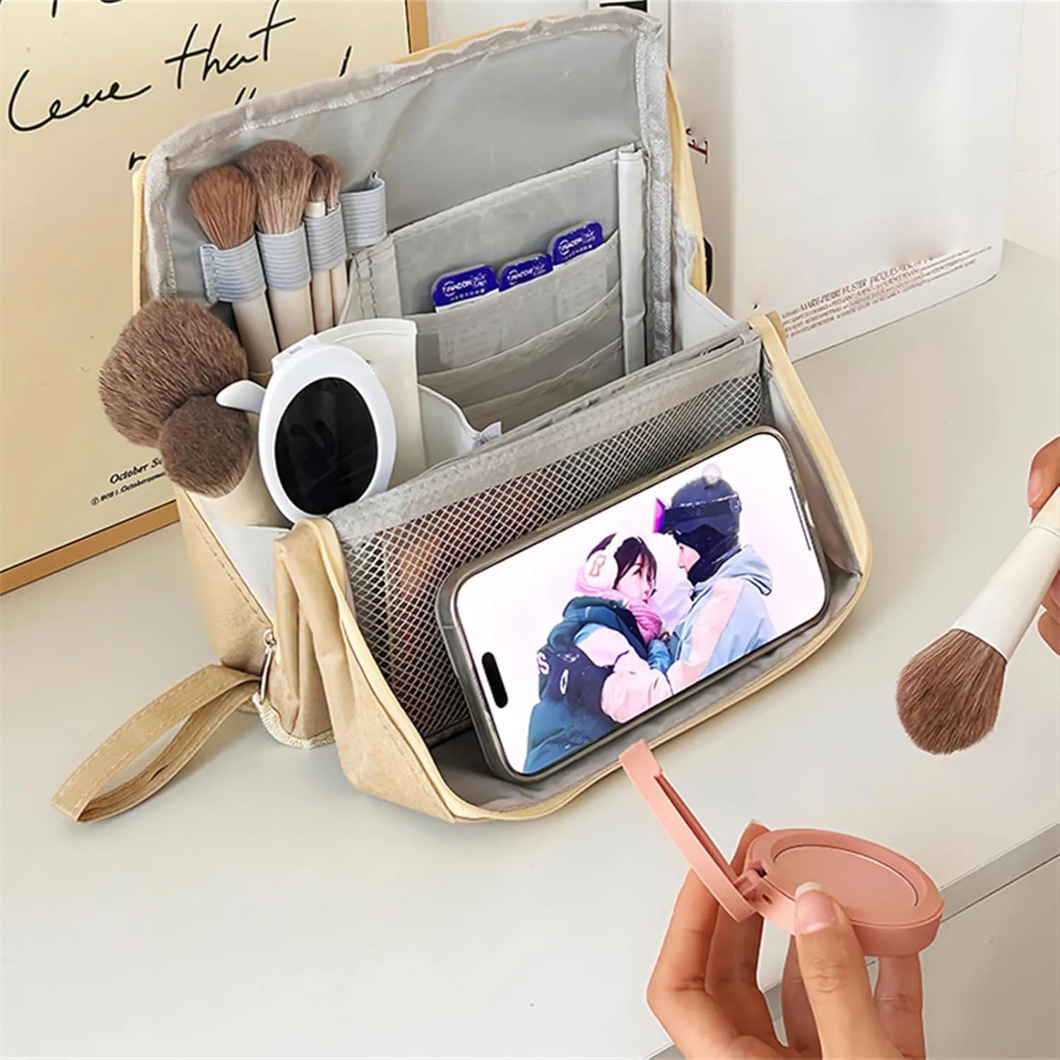 Doresty Makeup Bag, Standing Makeup Bag, Portable Large Capacity, Stand Up Make Up Bag with Mirror, Waterproof Oxford Cloth Cosmetic Organizer with Compartments, for Women & Girls (Peacock blue)