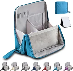 Doresty Makeup Bag, Standing Makeup Bag, Portable Large Capacity, Stand Up Make Up Bag with Mirror, Waterproof Oxford Cloth Cosmetic Organizer with Compartments, for Women & Girls (Peacock blue)