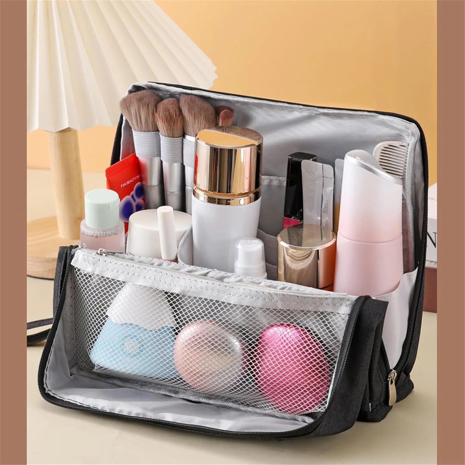 Doresty Makeup Bag, Standing Makeup Bag, Portable Large Capacity, Stand Up Make Up Bag with Mirror, Waterproof Oxford Cloth Cosmetic Organizer with Compartments, for Women & Girls (Peacock blue)