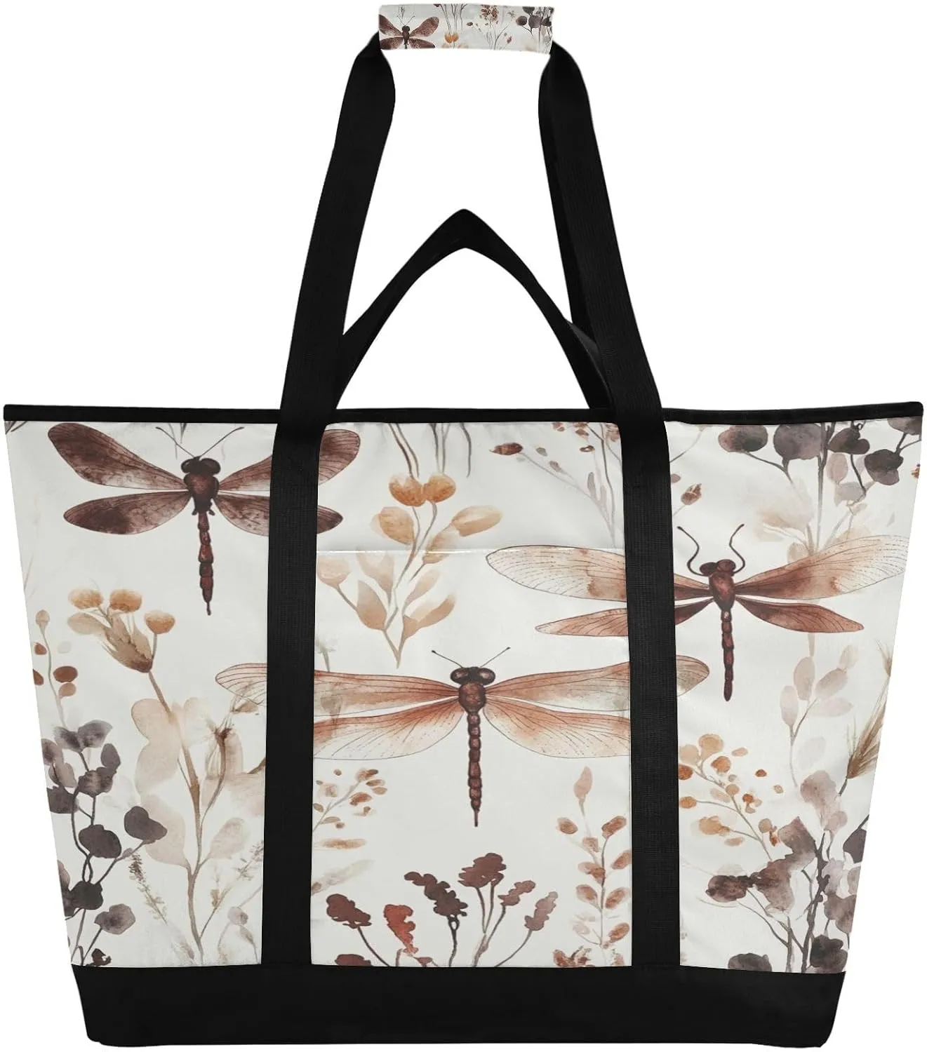 Dragonfly Leaves Reusable Insulated Lunchbox Cooler Bag, Leakproof Kitchen Grocery Bag Collapsible Portable Cooler Tote Bag for Picnic, Camping, Office, Travel