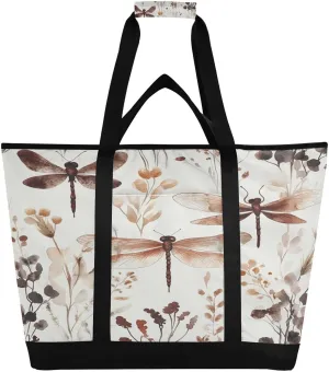 Dragonfly Leaves Reusable Insulated Lunchbox Cooler Bag, Leakproof Kitchen Grocery Bag Collapsible Portable Cooler Tote Bag for Picnic, Camping, Office, Travel