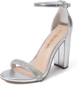 DREAM PAIRS Women's Hi-Chunk High Heel Pump Sandals,Size 6.5,Silver-Rhinestone,HI-CHUNK