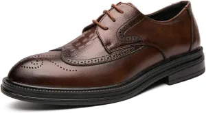 Dress Oxford for Men Lace Up Round Burnished Toe Crocodile Embossed Brogues Wingtips PU Leather Block Heel Rubber Sole Anti-Slip Prom (Color : Brown, Size : 8)