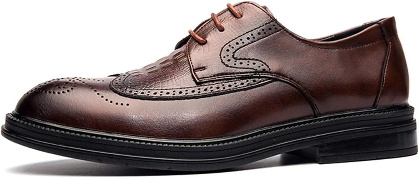 Dress Oxford for Men Lace Up Round Burnished Toe Crocodile Embossed Brogues Wingtips PU Leather Block Heel Rubber Sole Anti-Slip Prom