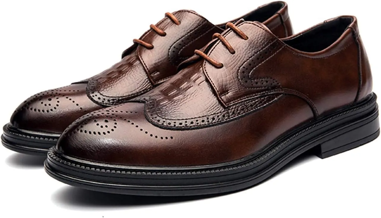 Dress Oxford for Men Lace Up Round Burnished Toe Crocodile Embossed Brogues Wingtips PU Leather Block Heel Rubber Sole Anti-Slip Prom