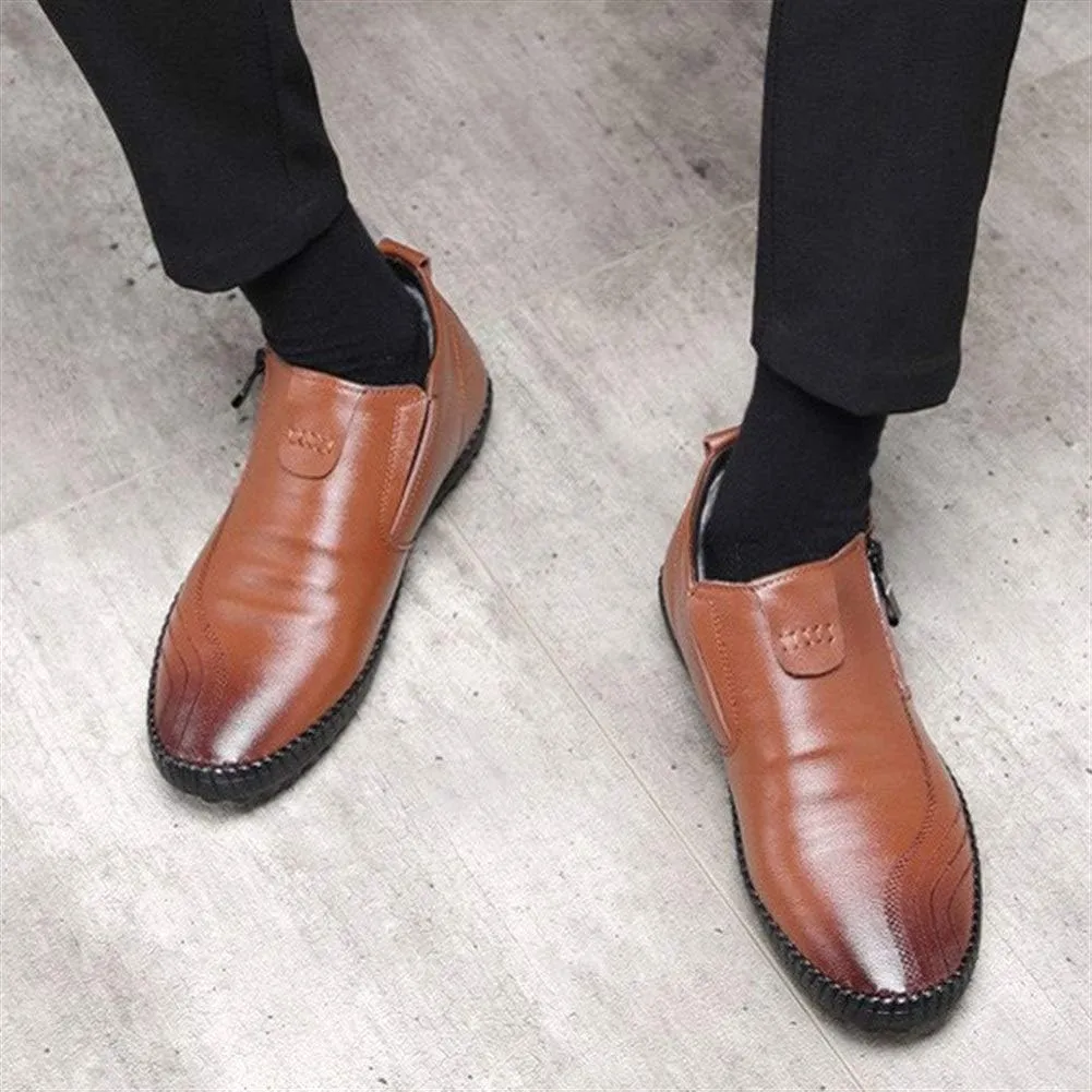 Driving Loafers for Men Walking Shoes Pull on Style Side Zipper Genuine Leather Super Soft Vegan Flat Warmth Anti Slip Fleece Lined (Color : Brown, Size : 9 M US)
